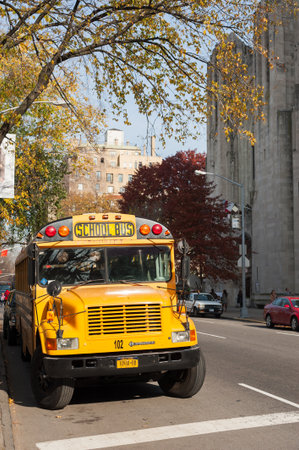 New York City, USA - Nov 14, 2011 : Yellow school bus in a New York city street in autumn.