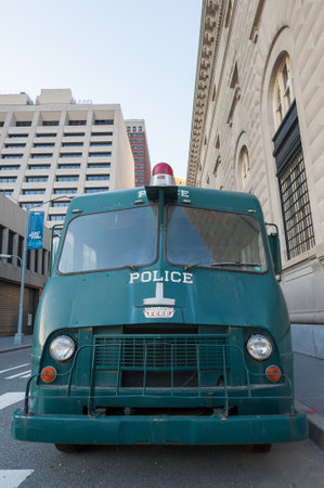 New York City, USA - Nov 12, 2011 : Green New York police old truck parked in a street.のeditorial素材