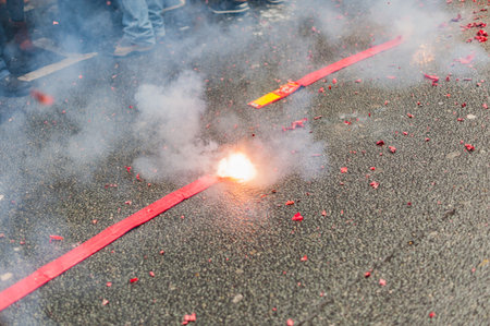 Firecrackers exploding in the streetの写真素材
