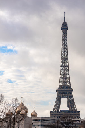 Eiffel tower and Sainte-Trinite cathedral in parisのeditorial素材