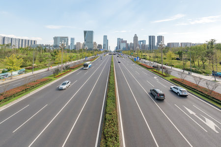 Car traffic on TianFu avenue in Chengdu