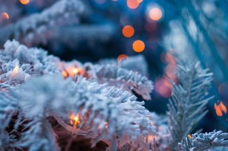 Chrismas tree and illuminated decoration with selective focus backgroundの写真素材