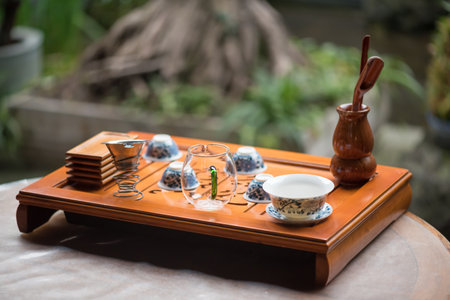 Tea set on a wooden table in Chinaの写真素材