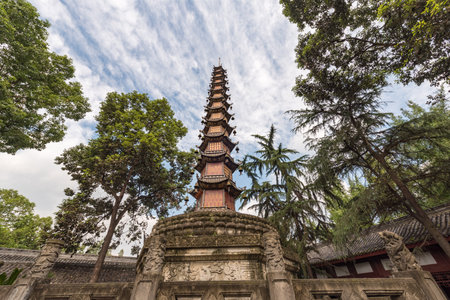 Chengdu, Sichuan province, China - Sept 29, 2018 : Thousand buddha pagoda in Wenshu buddhist templeのeditorial素材