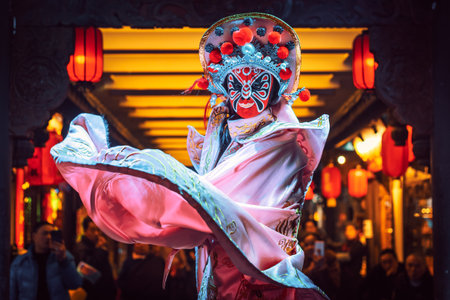 Chengdu, Sichuan Province, China - Jan 19, 2019: Chinese actress performs a public traditional face-changing art or bianlian onstage at Chunxifang Chunxilu covered street.のeditorial素材