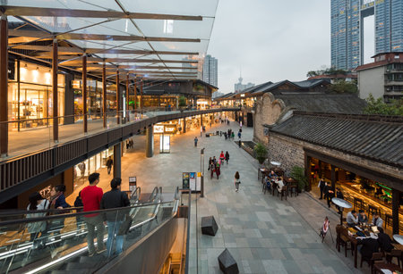 Chengdu, Sichuan province, China - Nov 13, 2015: Taikooli commercial street aerial view with skyscrapers in the backgroundのeditorial素材