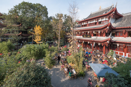 Chengdu, Sichuan province, China - Dec 12, 2015 : Tea room aerial view in Wenshu buddhist monastery on a sunny dayのeditorial素材