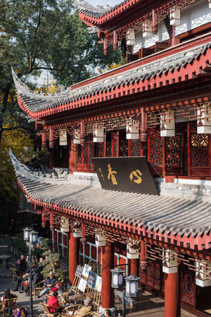 Chengdu, Sichuan province, China - Dec 12, 2015 : Tea room aerial view in Wenshu buddhist monastery on a sunny dayのeditorial素材