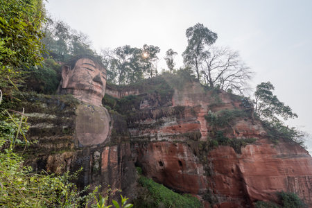 Leshan, Chengdu, Sichuan province, China - Jan 25, 2016: Leshan Giant Buddha - 71m - is the worlds biggest stone sitting buddha statue and a touristic famous spot in Sichuan province.のeditorial素材