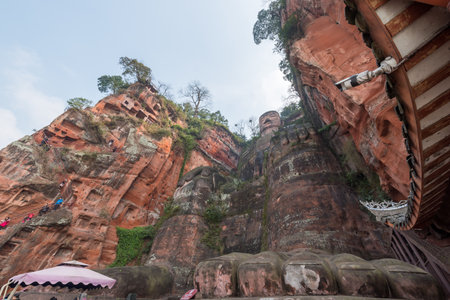 Leshan, Chengdu, Sichuan province, China - Jan 25, 2016: Leshan Giant Buddha - 71m - is the world's biggest stone sitting buddha statue and a touristic famous spot in Sichuan province.のeditorial素材