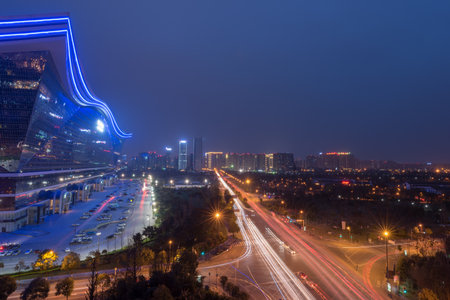 Chengdu, Sichuan province, China - March 8, 2016: Night aerial view of Chengdu new century global centerのeditorial素材