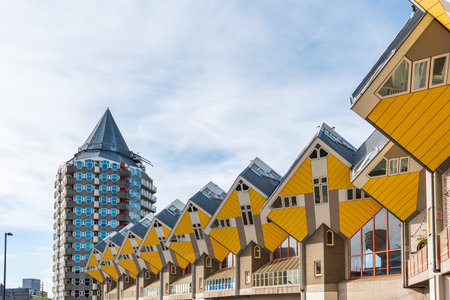Rotterdam, Netherlands - May 2, 2019 : Yellow Cube houses - Kubuswoningen - in Blaak station area famous landmark of the cityのeditorial素材