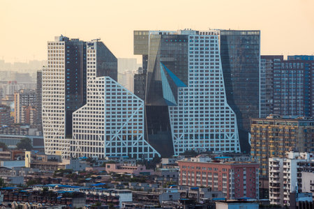 Chengdu, Sichuan province, China - Sept 21, 2019 : Raffles city buildings aerial view in Chengdu