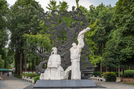 Chengdu, Sichuan province, China - Aug 17, 2019 : QuYuan, LiBai, DuFu chinese poets statues in HuanHuaXi public park.のeditorial素材