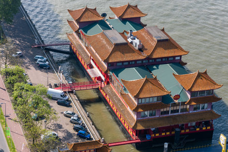 Rotterdam, Netherlands - April 29, 2019 : New Ocean Paradise floating Chinese restaurant aerial view