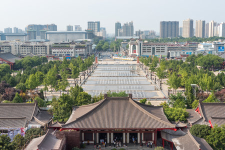 Xi'An, Shaanxi province, China - Aug 9, 2018 : Xi'An skyline aerial view from the Giant Wild Goose pagoda.のeditorial素材