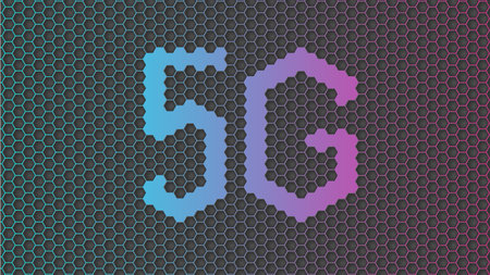 5G Abstract hexagon background vector design with cyan and purple gradient backlight effect