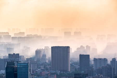 Chengdu, Sichuan province, China - Aug 19, 2020 : Chengdu back light skyline panorama aerial view with clouds on the cityのeditorial素材