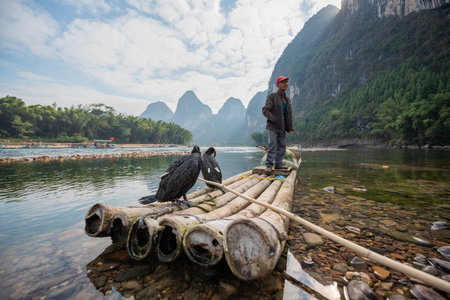 Yangshuo, Guilin, Guangxi province, China - November 12, 2019: Cormorant fisherman standing on his bamboo raft on Li river.のeditorial素材