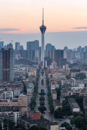 Chengdu, Sichuan province, China - June 18, 2020 : 339 TV tower and city skyline aerial view in late afternoonのeditorial素材