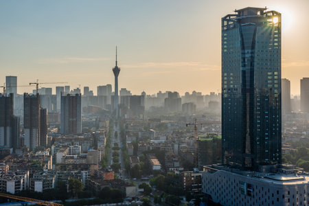 Chengdu, Sichuan province, China - June 18, 2020 : 339 TV tower and city skyline aerial view in late...