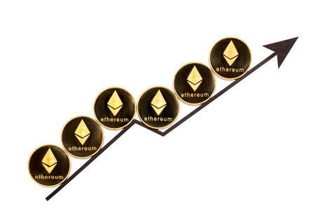 Ethereum coins on an arrow going up on a white background