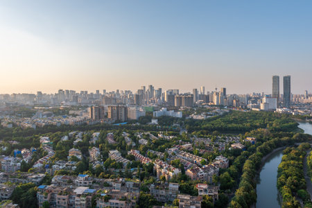 Chengdu, Sichuan province, China - Aug 11, 2019 - Chengdu city skyline aerial view in late afternoon with Jinjiang river.のeditorial素材