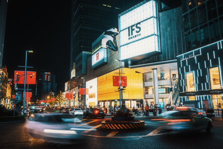 Chengdu, Sichuan province, China - Oct 2, 2022: International Finance Square - IFS - illuminated at night during the national holidays in downtown Chengduのeditorial素材