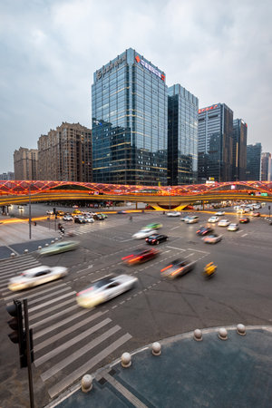 Chengdu, Sichuan province, China - Feb 18, 2023 : Car traffic at Jiaozi ring bridge crossroadsのeditorial素材
