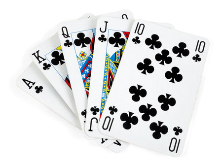 Clubs royal flush in playing cards isolated on white