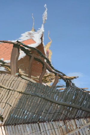 Thailand temple and shadow from blue sky and shadow from the treeの写真素材
