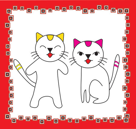 Illustration of Two Cats In Love In A  red Frameのイラスト素材