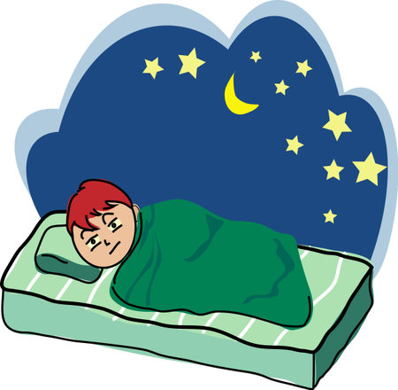 Little boy in bed awaken by nightmares laying scaredのイラスト素材