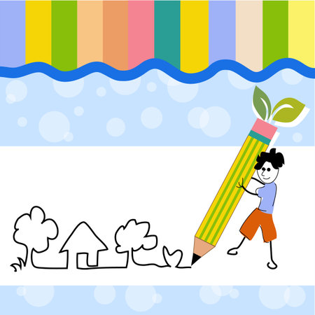 Boy writing tree and house and heart with pencil , a concept of love and green earth.のイラスト素材