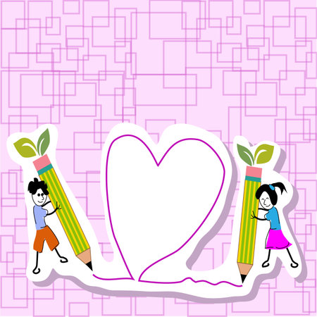 Girl writing heart with pencilのイラスト素材