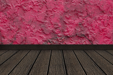 Room perspective - Old red cement wall is plaster rough style and black wooden floorの写真素材