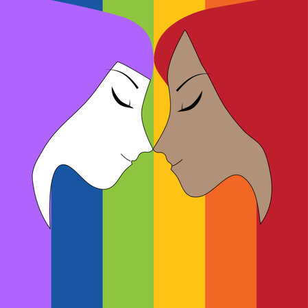 Lesbians kiss. Two women in rainbow backgroundのイラスト素材