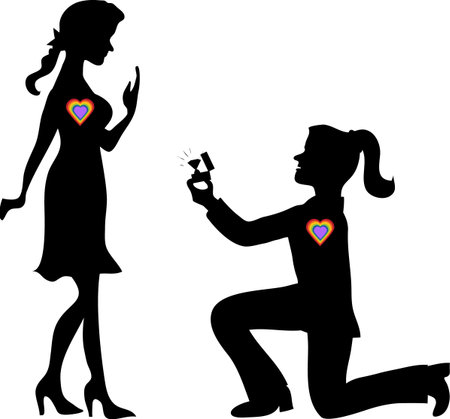 Silhouette woman stands on one knee and offers the  woman to marry herのイラスト素材