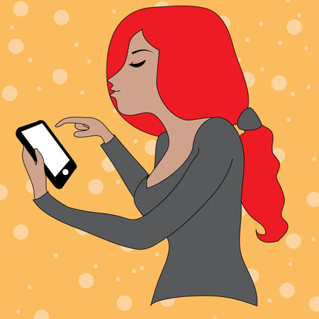 Beautiful woman using and reading a smart phone isolated on orange backgroundのイラスト素材