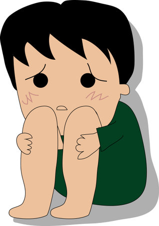 Sad child with depression sitting on the floorのイラスト素材