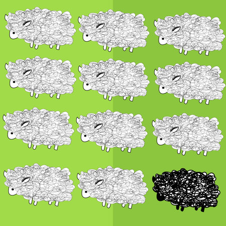 Black sheep, concept of undesirable member of a group.のイラスト素材