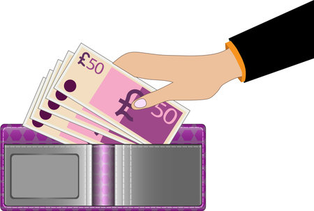 Pink purse with pounds in the hand on a white backgroundのイラスト素材