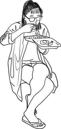 Vector art drawing of young woman have lunch food box set pack eating rice with egg and Fried prawn at outside restaurant for good health concept.のイラスト素材