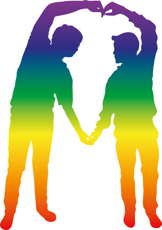 Full length of silhouette vector young couple making heart shape with arms on black background, concept love forever.のイラスト素材