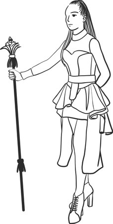 Art drawing of young woman as drum major over white background.のイラスト素材