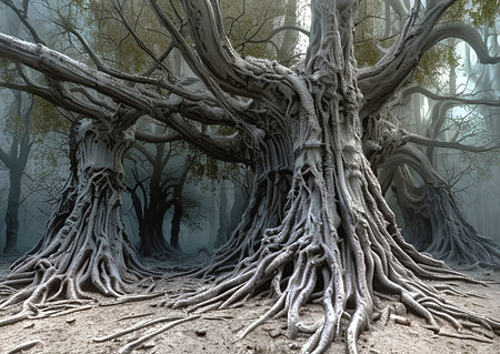 Petrifying, Sinister, Cursed Gnarled trees exude otherworldly energy with their twisted trunks and branches evoking a sense of deep unease in the forest and city.の素材