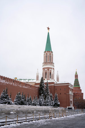 Moscow, Russia, 15th, February, 2019: red square historical buildings, view of Kremlin and Lenin Mausoleum in winter.のeditorial素材