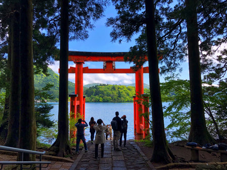 Hakone, Japan, 10th, May, 2018. Torii of Hakone Shrine at Lake Ashi. The Hakone Shrine is a Japanese...