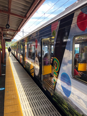 Yamanashi, Japan, 12th, May, 2018. The Thomas Land Train in Kawaguchiko Station, this station is a railway station on the Fujikyuko Line in Fujikawaguchiko, Yamanashi, Japan.のeditorial素材