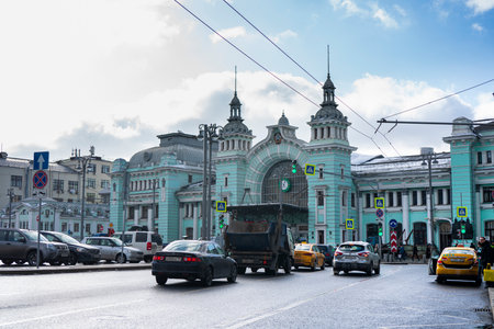 Moscow, Russia, 16th, February, 2019. View of the Belorussky station from Tverskaya Street. Belorussky railway terminal is one of nine railway terminals of Moscow.のeditorial素材